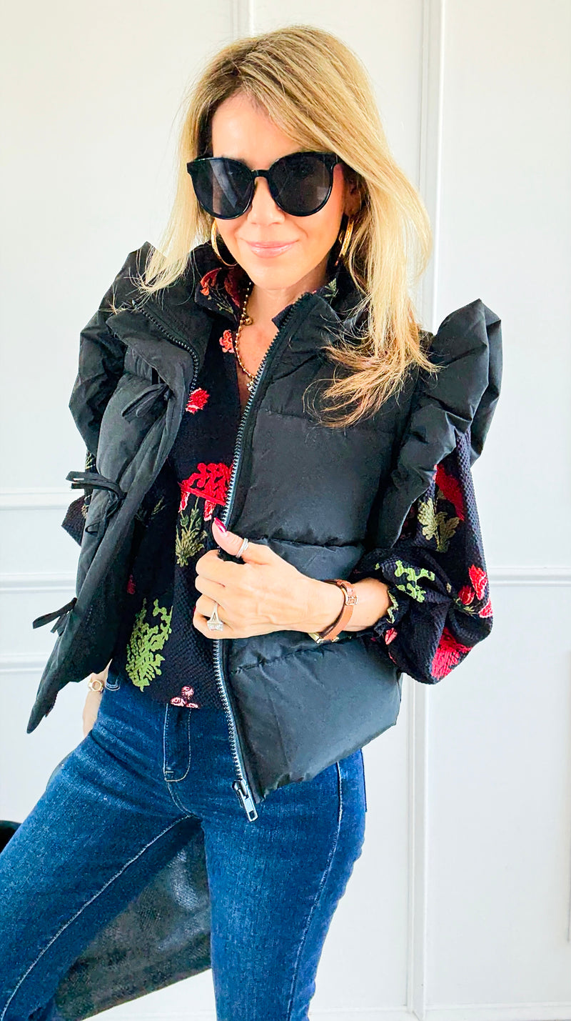 Ruffle & Ready Bow Puffer Vest - Black-vest-Jodifl-Coastal Bloom Boutique, find the trendiest versions of the popular styles and looks Located in Indialantic, FL