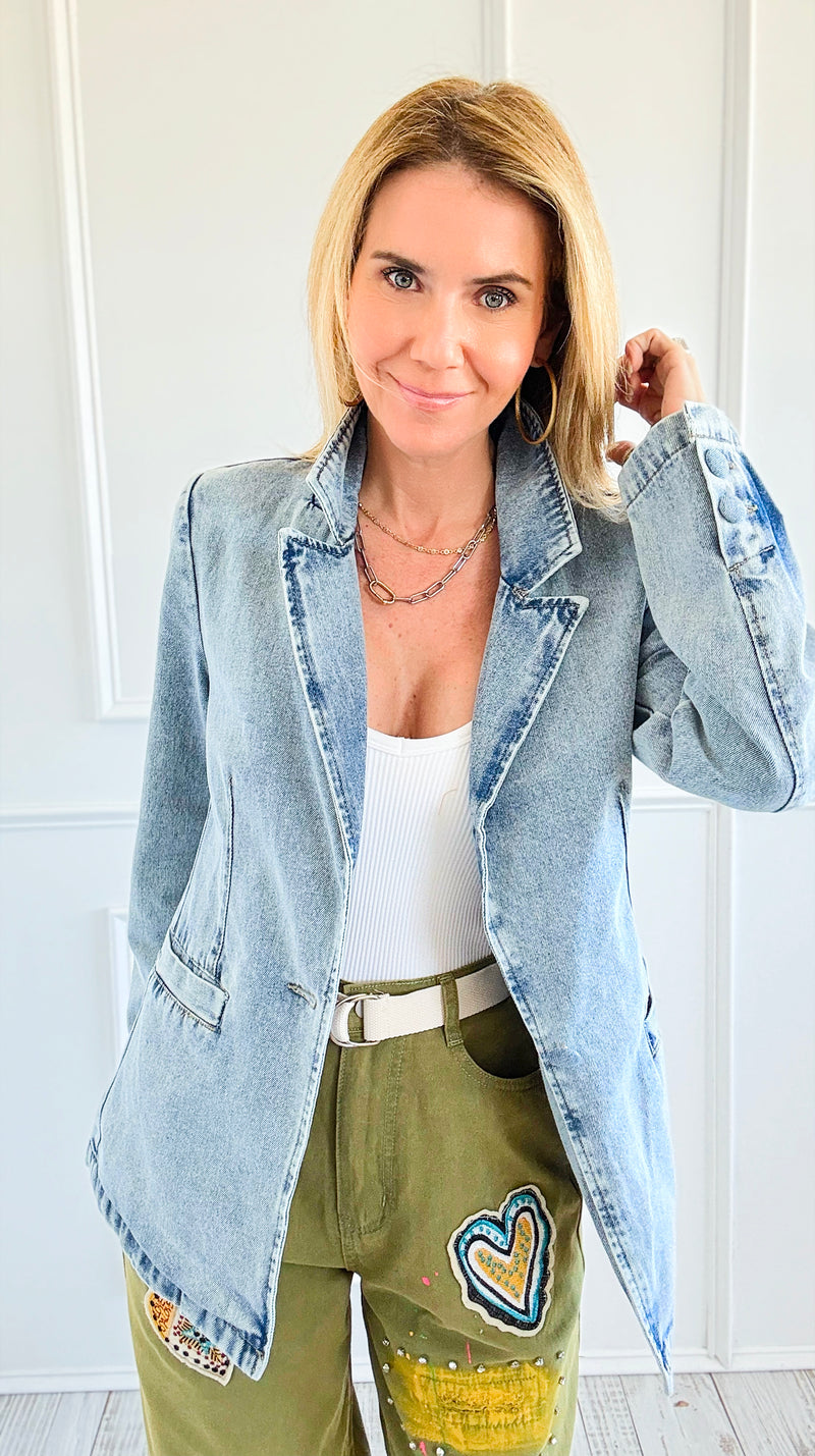 Washed Denim Blazer-160 Jackets-26 INTERNATIONAL-Coastal Bloom Boutique, find the trendiest versions of the popular styles and looks Located in Indialantic, FL