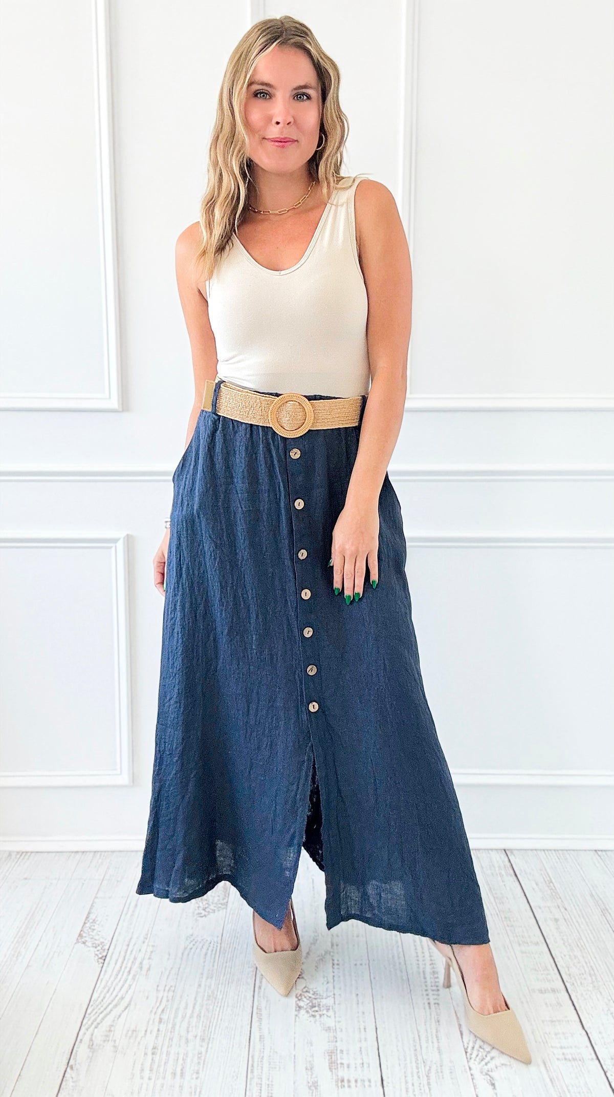 Belted Italian Linen Midi Button Skirt - Navy-170 bottoms-Italianissimo-Coastal Bloom Boutique, find the trendiest versions of the popular styles and looks Located in Indialantic, FL