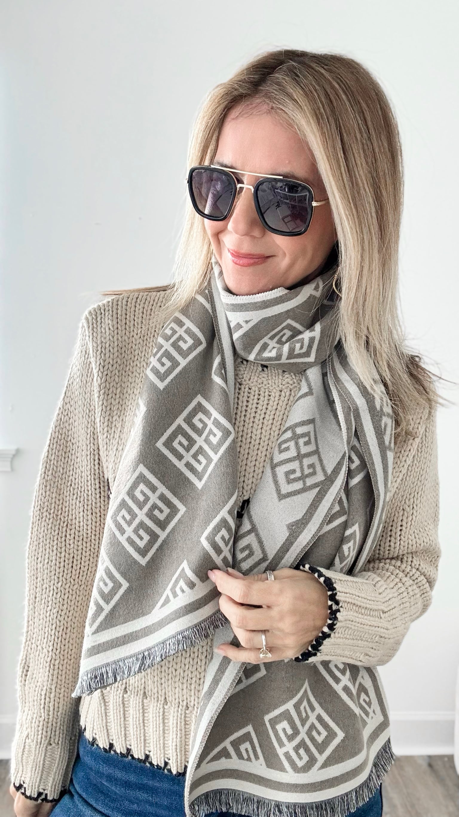 Greek Pattern Scarf - Beige-260 Other Accessories-ICCO ACCESSORIES-Coastal Bloom Boutique, find the trendiest versions of the popular styles and looks Located in Indialantic, FL