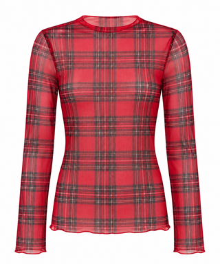 High Neck Plaid Mesh Sheer Top - Red