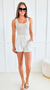 Stone Washed Waist Tie Shorts - Off White-170 Bottoms/Shorts-ee:some/HYFVE-Coastal Bloom Boutique, find the trendiest versions of the popular styles and looks Located in Indialantic, FL