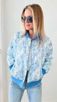 French Blue Floral Eyelet Bomber-160 Jackets-GIGIO-Coastal Bloom Boutique, find the trendiest versions of the popular styles and looks Located in Indialantic, FL
