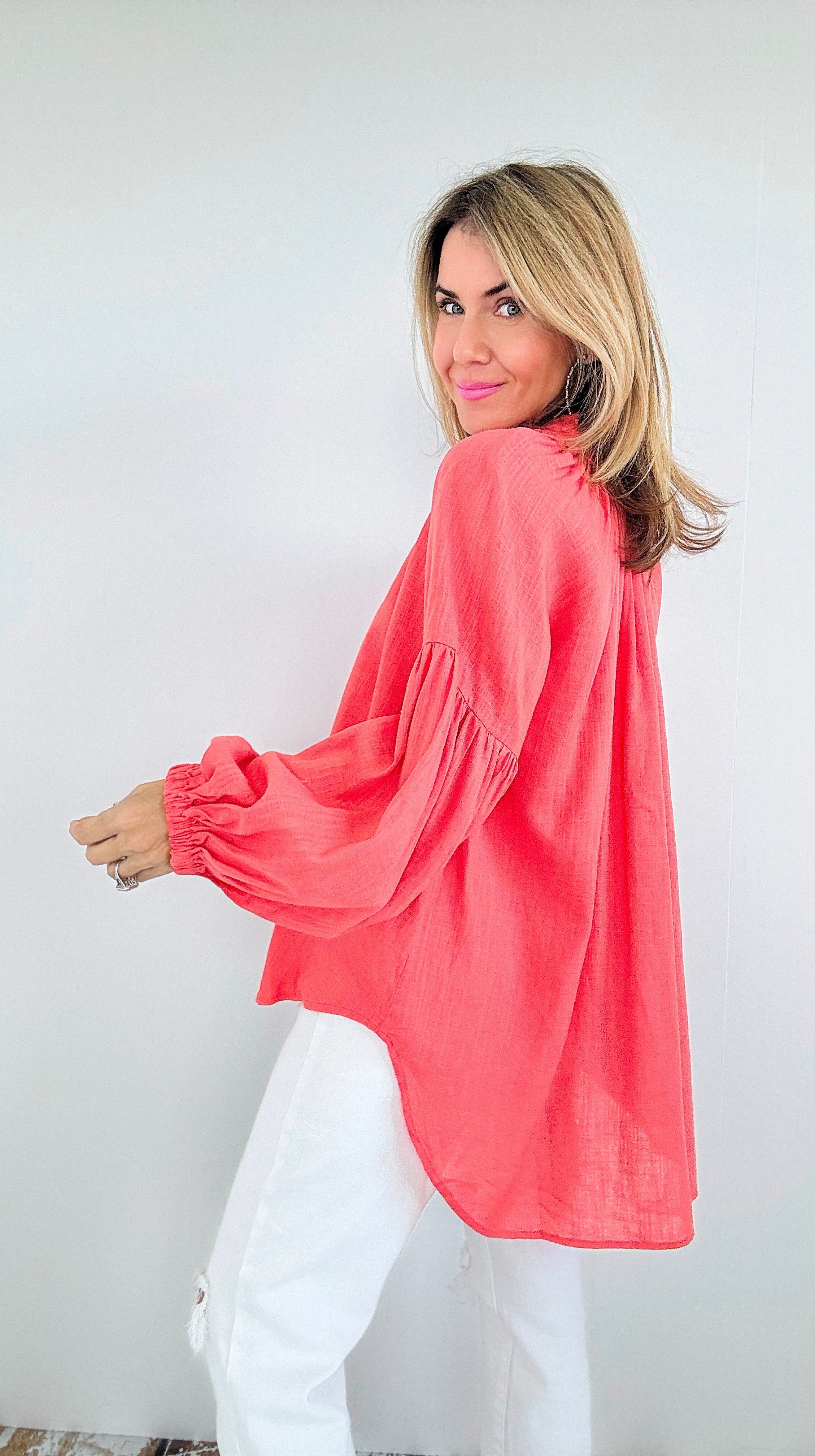 Savannah Breeze Peasant Blouse - Coral-130 Long Sleeve Tops-ROUSSEAU-Coastal Bloom Boutique, find the trendiest versions of the popular styles and looks Located in Indialantic, FL