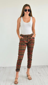 Plaid Wish List Italian Joggers- Camel-pants-Italianissimo-Coastal Bloom Boutique, find the trendiest versions of the popular styles and looks Located in Indialantic, FL