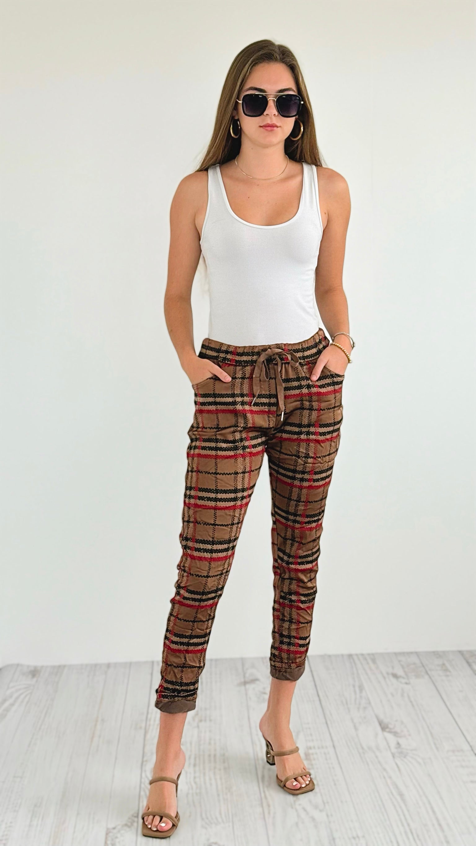 Plaid Wish List Italian Joggers- Camel-pants-Italianissimo-Coastal Bloom Boutique, find the trendiest versions of the popular styles and looks Located in Indialantic, FL