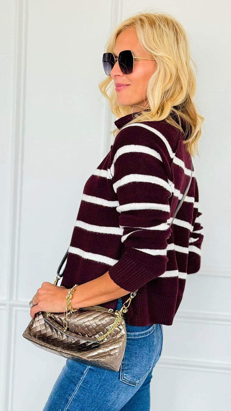 Weekend Club Striped Polo Sweater - Burgundy-140 Sweaters-LOVE TREE-Coastal Bloom Boutique, find the trendiest versions of the popular styles and looks Located in Indialantic, FL