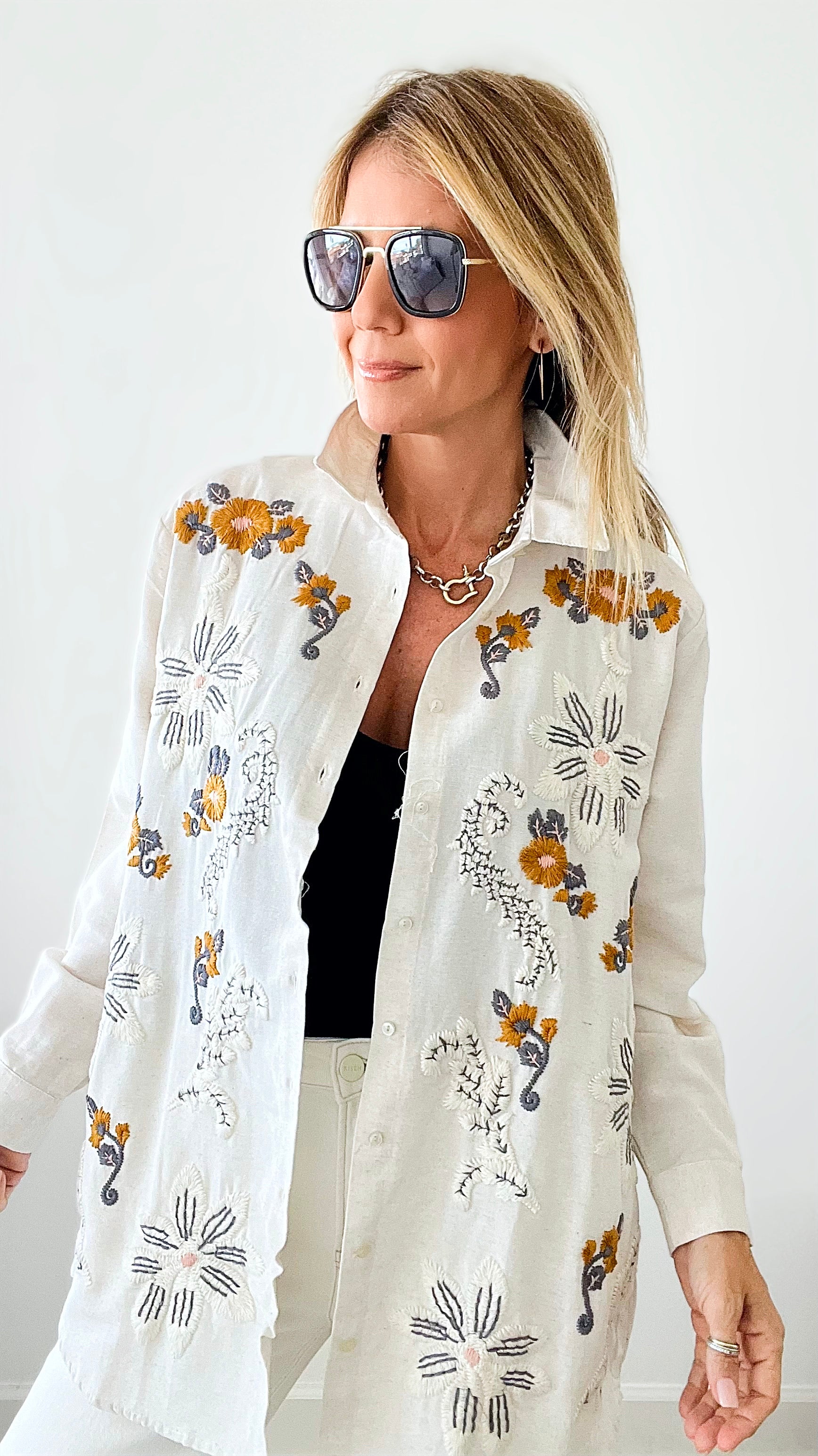 Garden Embroidered Button Up Blouse-130 Long Sleeve Tops-TOUCHE PRIVE-Coastal Bloom Boutique, find the trendiest versions of the popular styles and looks Located in Indialantic, FL