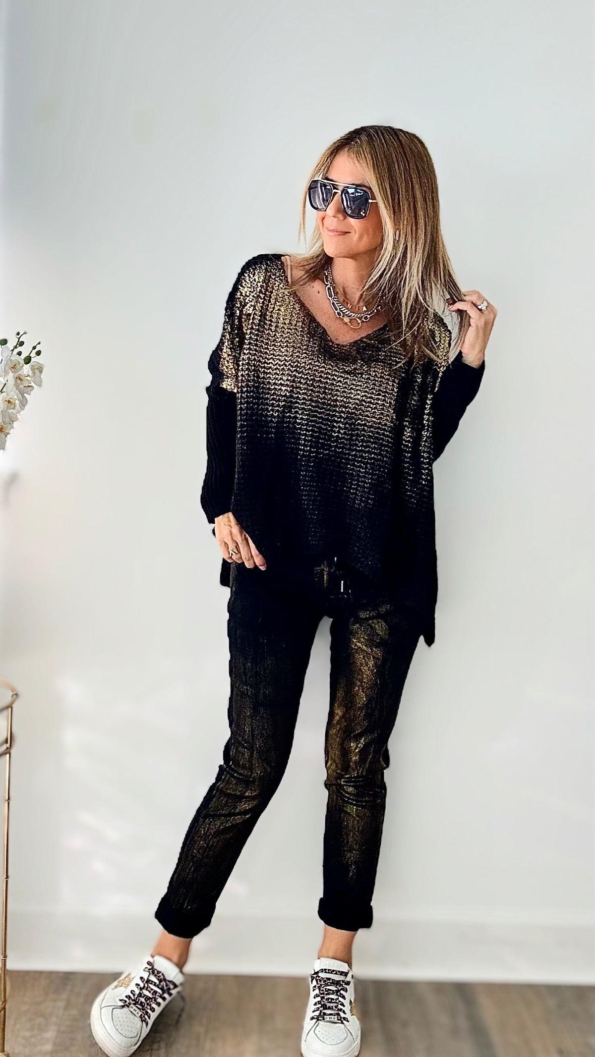 Glistening Gold Foil Italian Joggers - Black-180 Joggers-Look Mode-Coastal Bloom Boutique, find the trendiest versions of the popular styles and looks Located in Indialantic, FL
