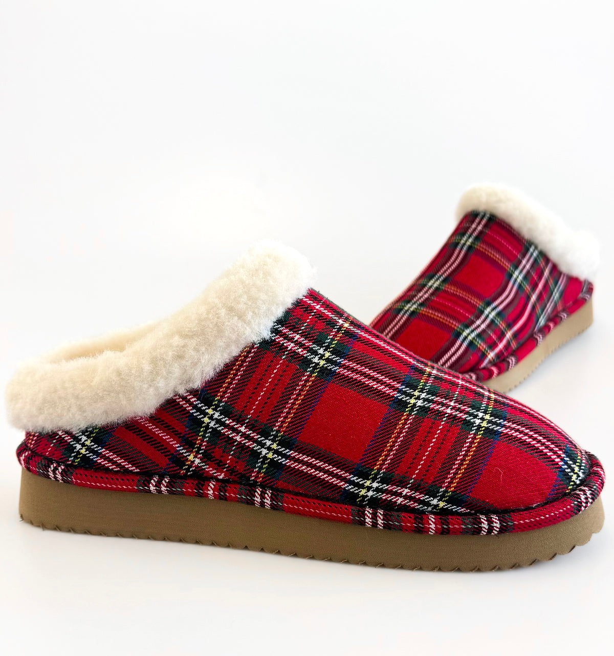 Plaid Sherpa-Lined Slippers - Red-250 Shoes-Corkys-Coastal Bloom Boutique, find the trendiest versions of the popular styles and looks Located in Indialantic, FL