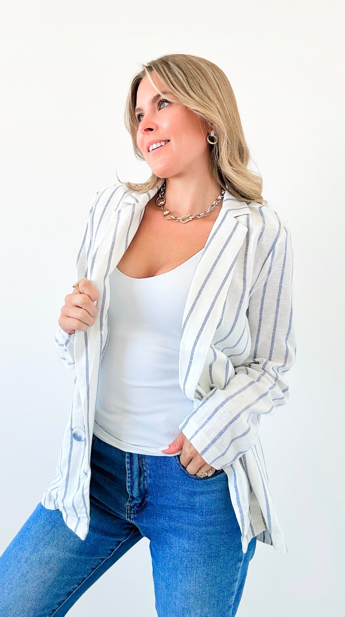 Coastal Stripes Linen Blend Blazer-160 Jackets-26 INTERNATIONAL-Coastal Bloom Boutique, find the trendiest versions of the popular styles and looks Located in Indialantic, FL