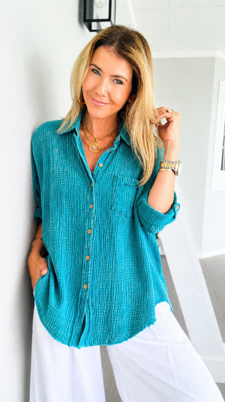 Laid-Back Luxe Gauze Blouse - Lt.Teal