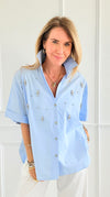Starlight Scatter Italian Button Top- Sky Blue-170 bottoms-TATTOO Z-Coastal Bloom Boutique, find the trendiest versions of the popular styles and looks Located in Indialantic, FL
