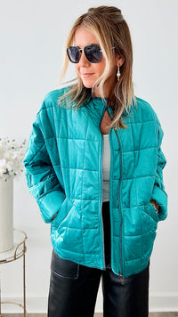 Quilted Velvet Solid Jacket - Turquoise-160 Jackets-ROUSSEAU-Coastal Bloom Boutique, find the trendiest versions of the popular styles and looks Located in Indialantic, FL
