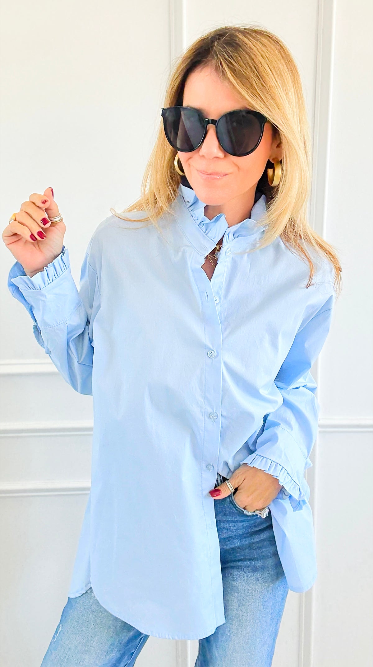 Sophia Ruffled Italian Shirt- Sky Blue-110 Long Sleeve Tops-TATTOO Z-Coastal Bloom Boutique, find the trendiest versions of the popular styles and looks Located in Indialantic, FL