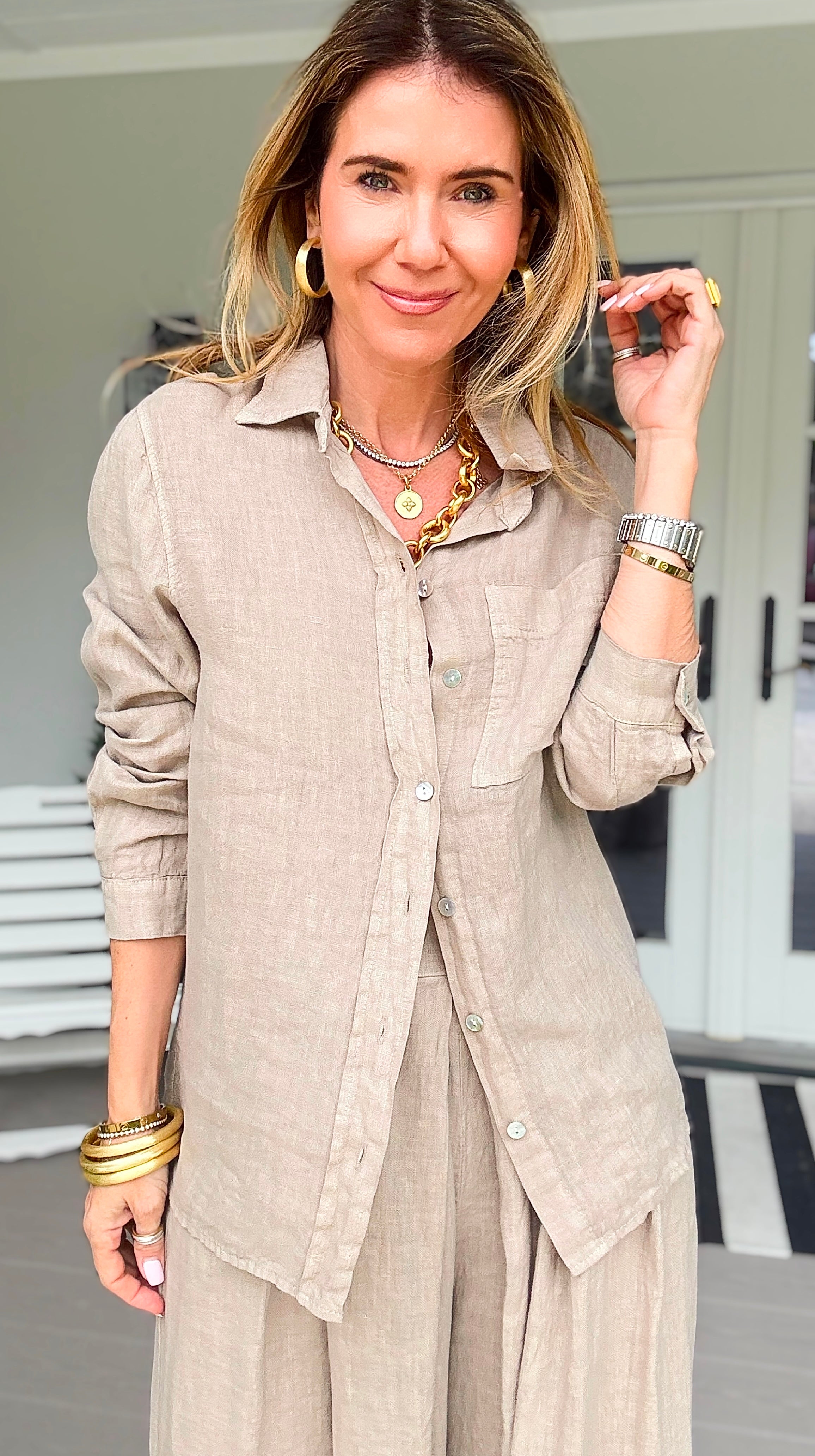 Tuscany Linen Italian Button Top- Taupe