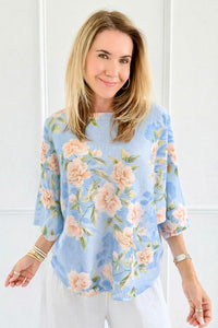 Spring Romance Rose St Tropez Short Sleeve Sweater- Blue
