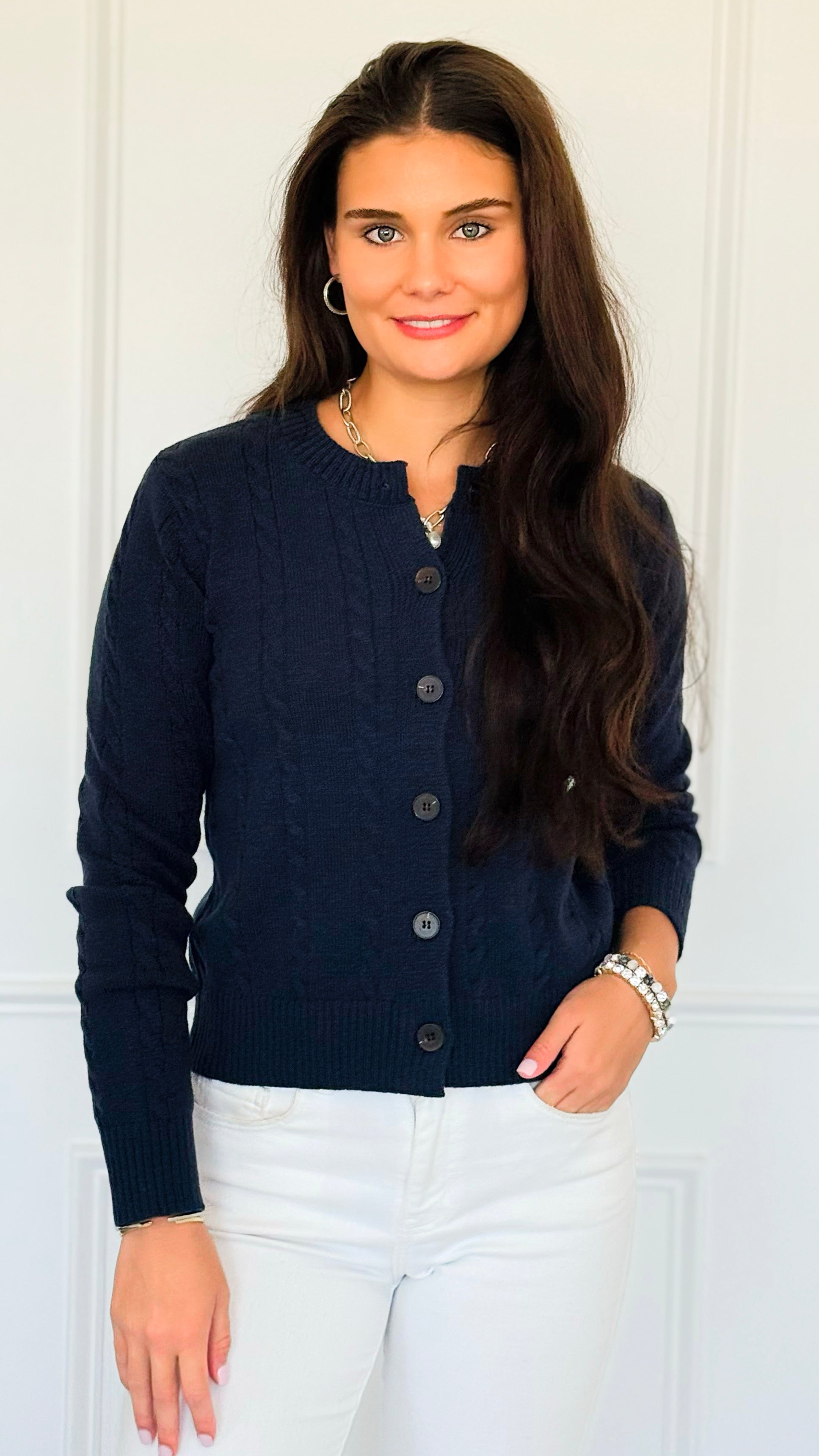 Crimson Gallop Cable Cardigan-Navy-150 Cardigan Layers-Blu Pepper-Coastal Bloom Boutique, find the trendiest versions of the popular styles and looks Located in Indialantic, FL