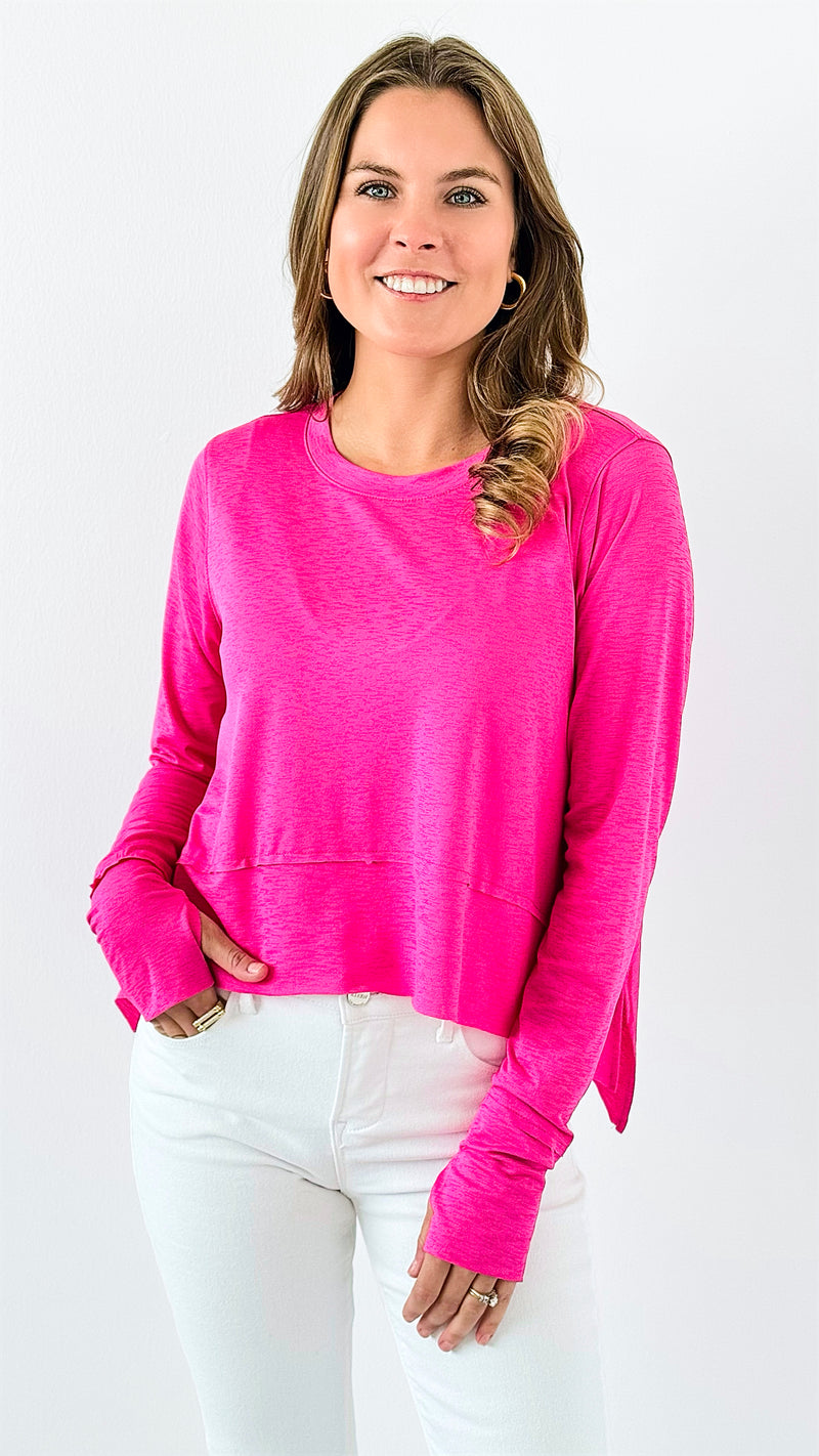 Shark Bite Side Slit Long Sleeve Top - Fuchsia-110 Long Sleeve Tops-Zenana-Coastal Bloom Boutique, find the trendiest versions of the popular styles and looks Located in Indialantic, FL