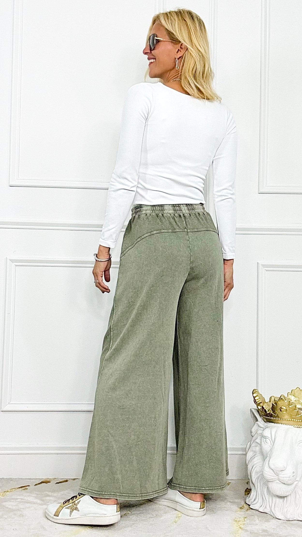 Mineral Washed Terry Wide Pants - Olive-170 Bottoms-EASEL-Coastal Bloom Boutique, find the trendiest versions of the popular styles and looks Located in Indialantic, FL