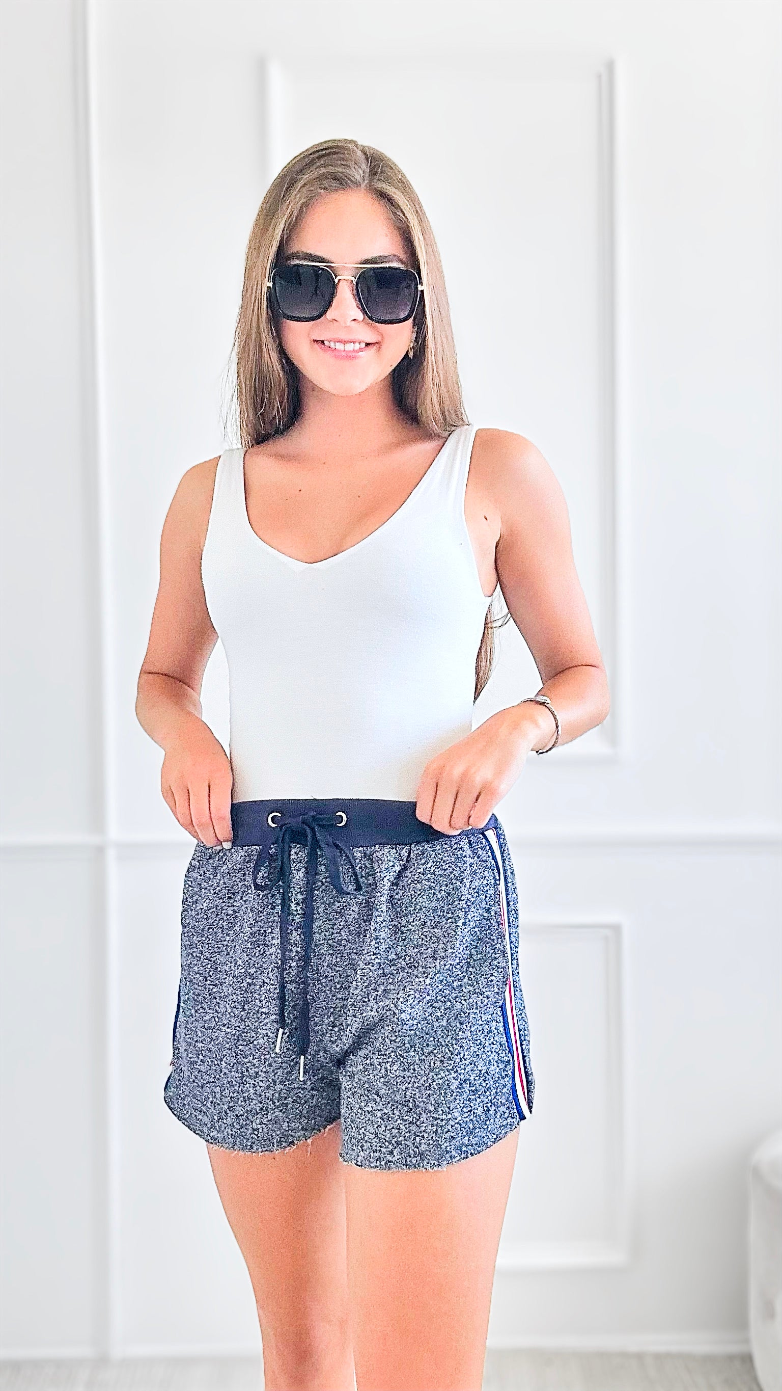 Side Striped French Terry Shorts - Blue-170 Bottoms/Shorts-Kori America-Coastal Bloom Boutique, find the trendiest versions of the popular styles and looks Located in Indialantic, FL