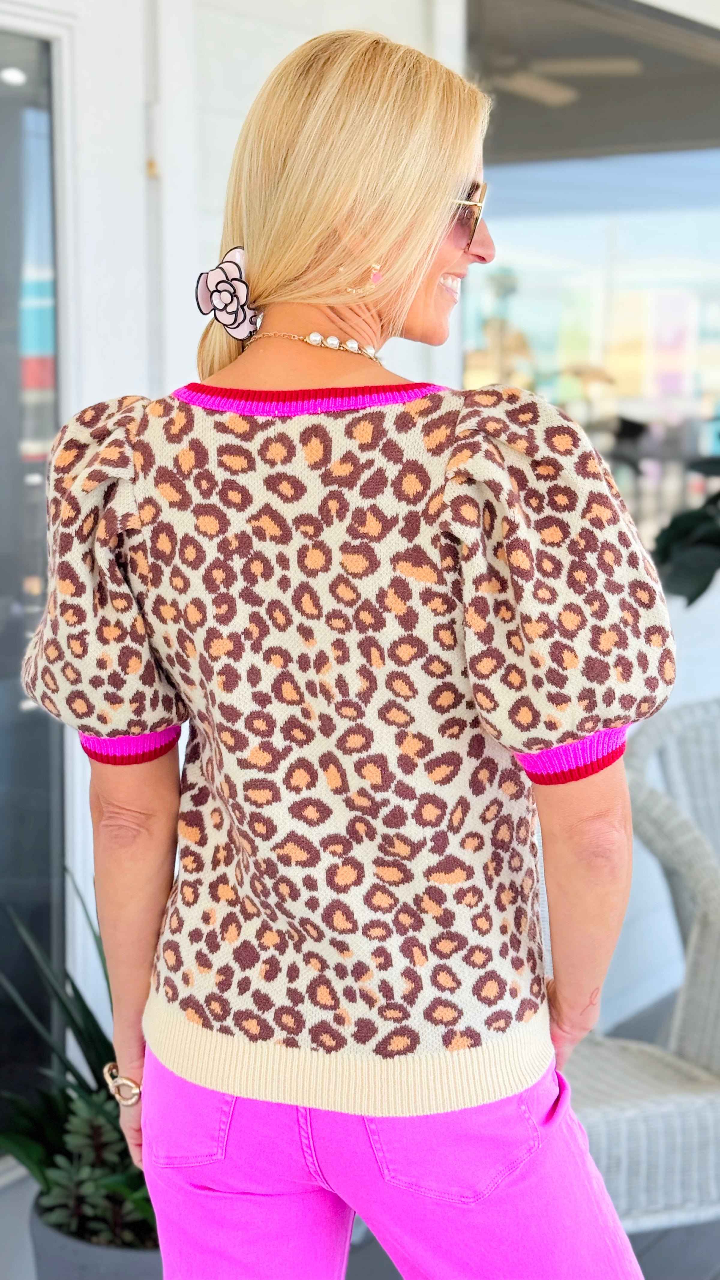 Leopard Puff Sleeve V-Neck Sweater