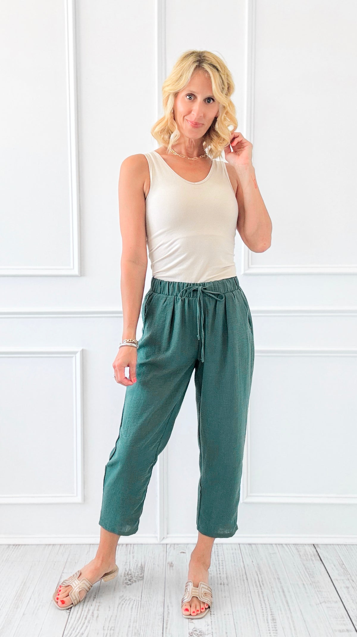 Woven Crepe Drawstring Elastic Waist Pants - Ash Jade-170 Bottoms-Zenana-Coastal Bloom Boutique, find the trendiest versions of the popular styles and looks Located in Indialantic, FL