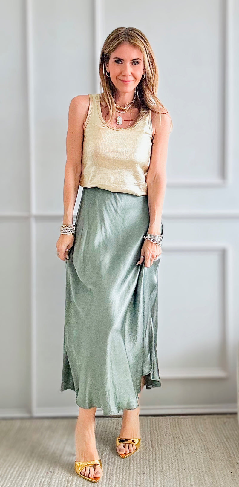Brooklyn Italian Satin Midi Skirt - Sage-170 Bottoms-Italianissimo-Coastal Bloom Boutique, find the trendiest versions of the popular styles and looks Located in Indialantic, FL