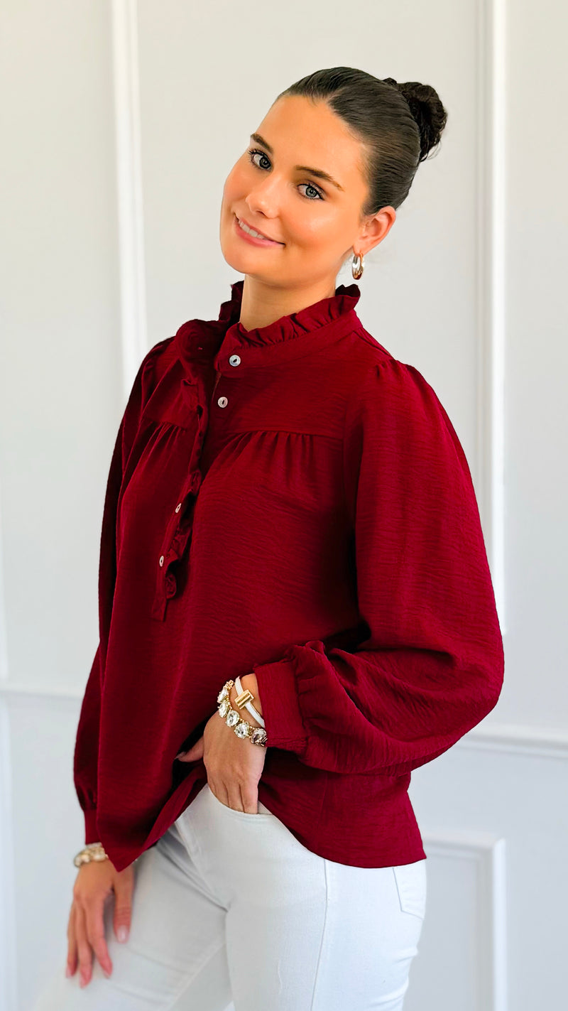 Victorian Muse Ruffle Top - Burgundy-130 Long Sleeve Tops-JODIFL-Coastal Bloom Boutique, find the trendiest versions of the popular styles and looks Located in Indialantic, FL
