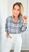 Plaid Print Button Up Blouse-130 Long Sleeve Tops-Gretchen Scott-Coastal Bloom Boutique, find the trendiest versions of the popular styles and looks Located in Indialantic, FL