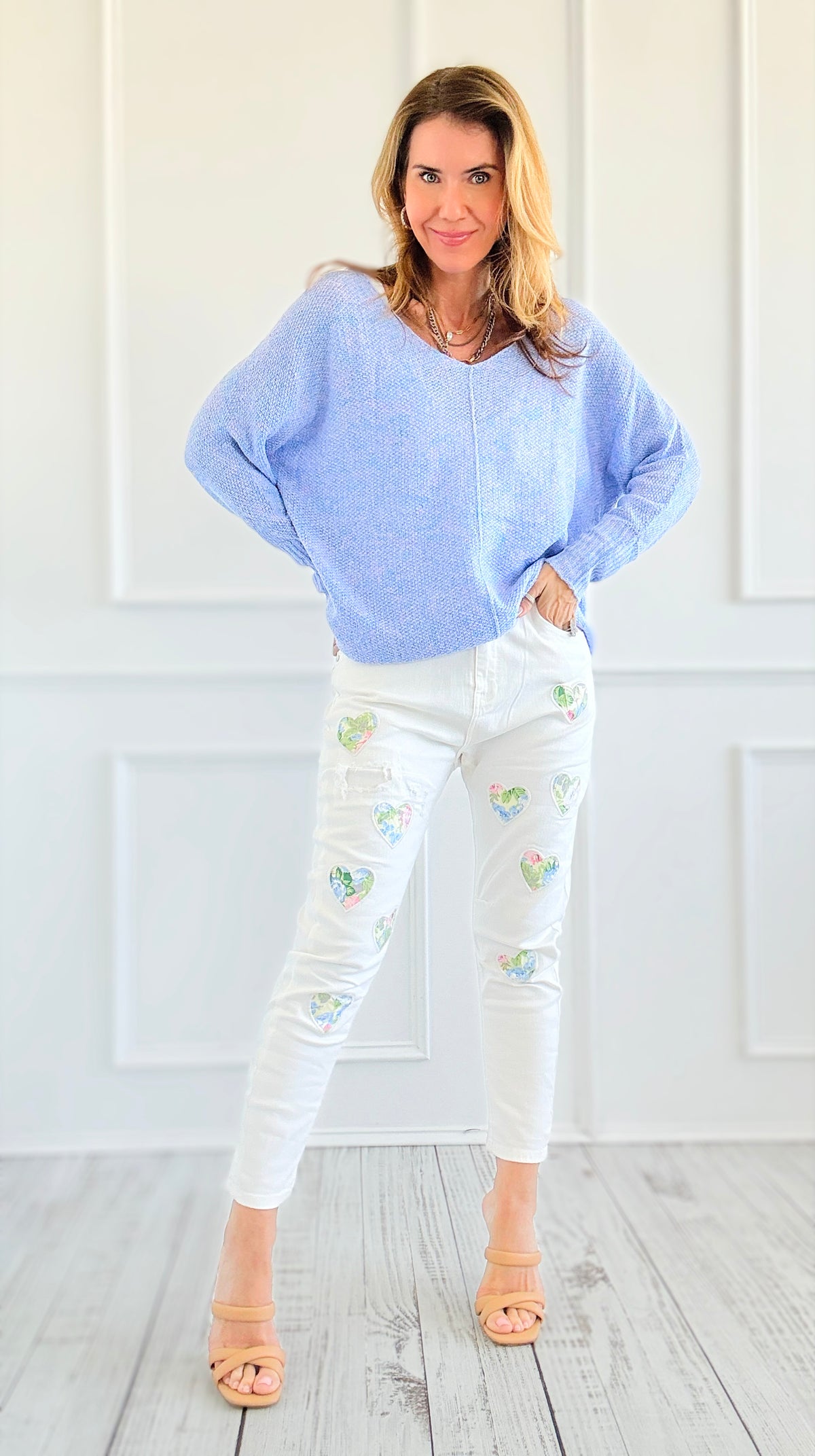 Heart Patch Italian Denim Pant- White-pants-Italianissimo-Coastal Bloom Boutique, find the trendiest versions of the popular styles and looks Located in Indialantic, FL