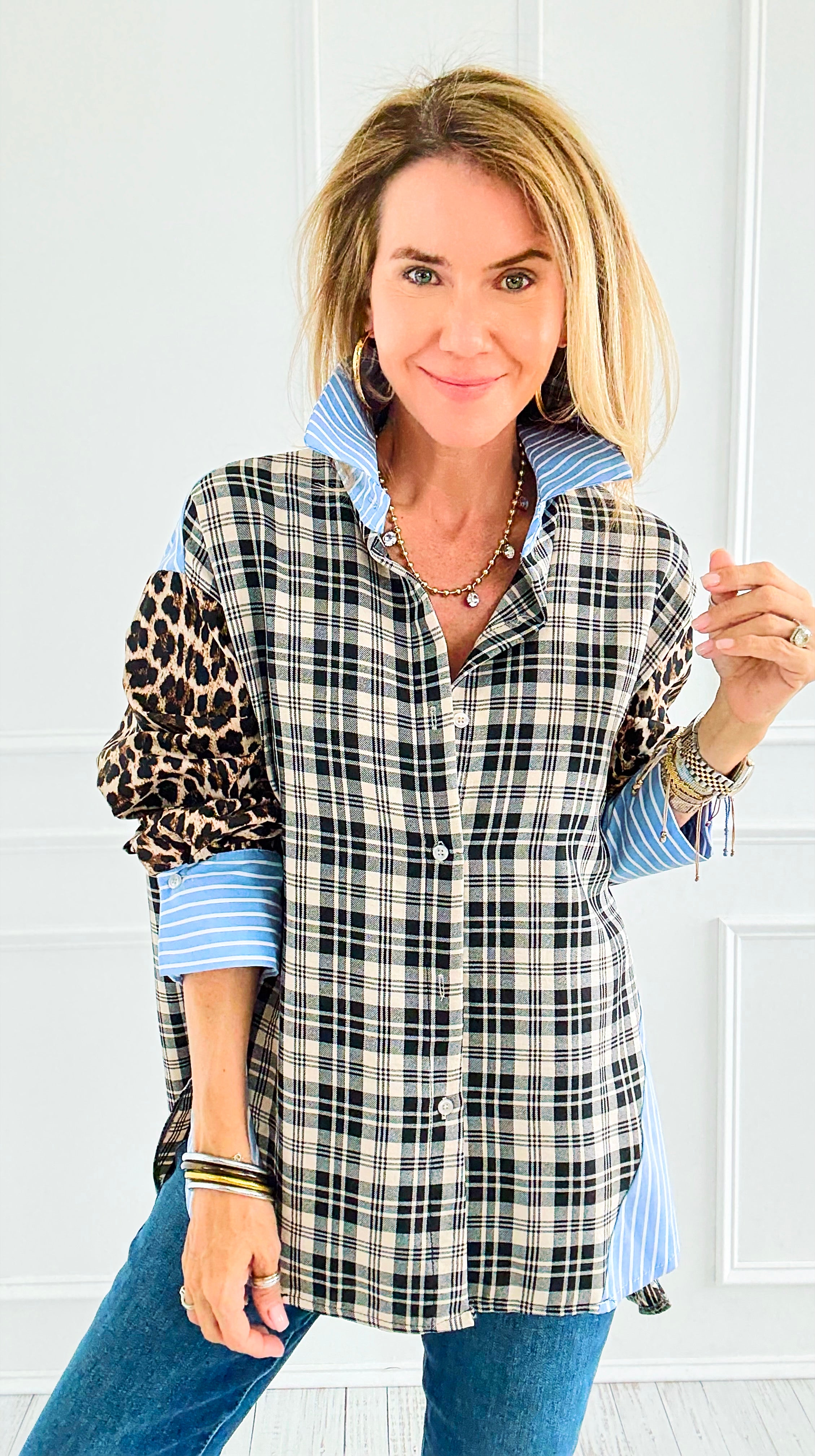 Plaid Instinct Italian Button Down Blouse-110 Long Sleeve Tops-TATTOO Z-Coastal Bloom Boutique, find the trendiest versions of the popular styles and looks Located in Indialantic, FL