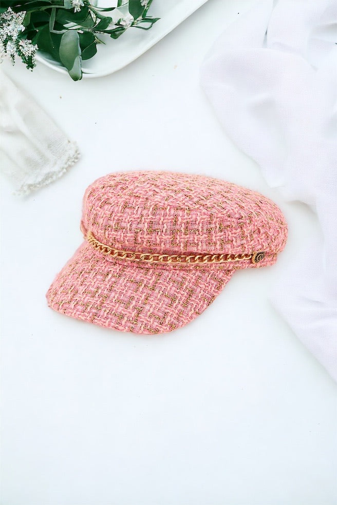 Tweed Beret Chain Hat - Pink-260 Other Accessories-ICCO ACCESSORIES-Coastal Bloom Boutique, find the trendiest versions of the popular styles and looks Located in Indialantic, FL