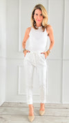 Shine-On Glistening Italian Joggers - White/ Silver-pants-Italianissimo-Coastal Bloom Boutique, find the trendiest versions of the popular styles and looks Located in Indialantic, FL