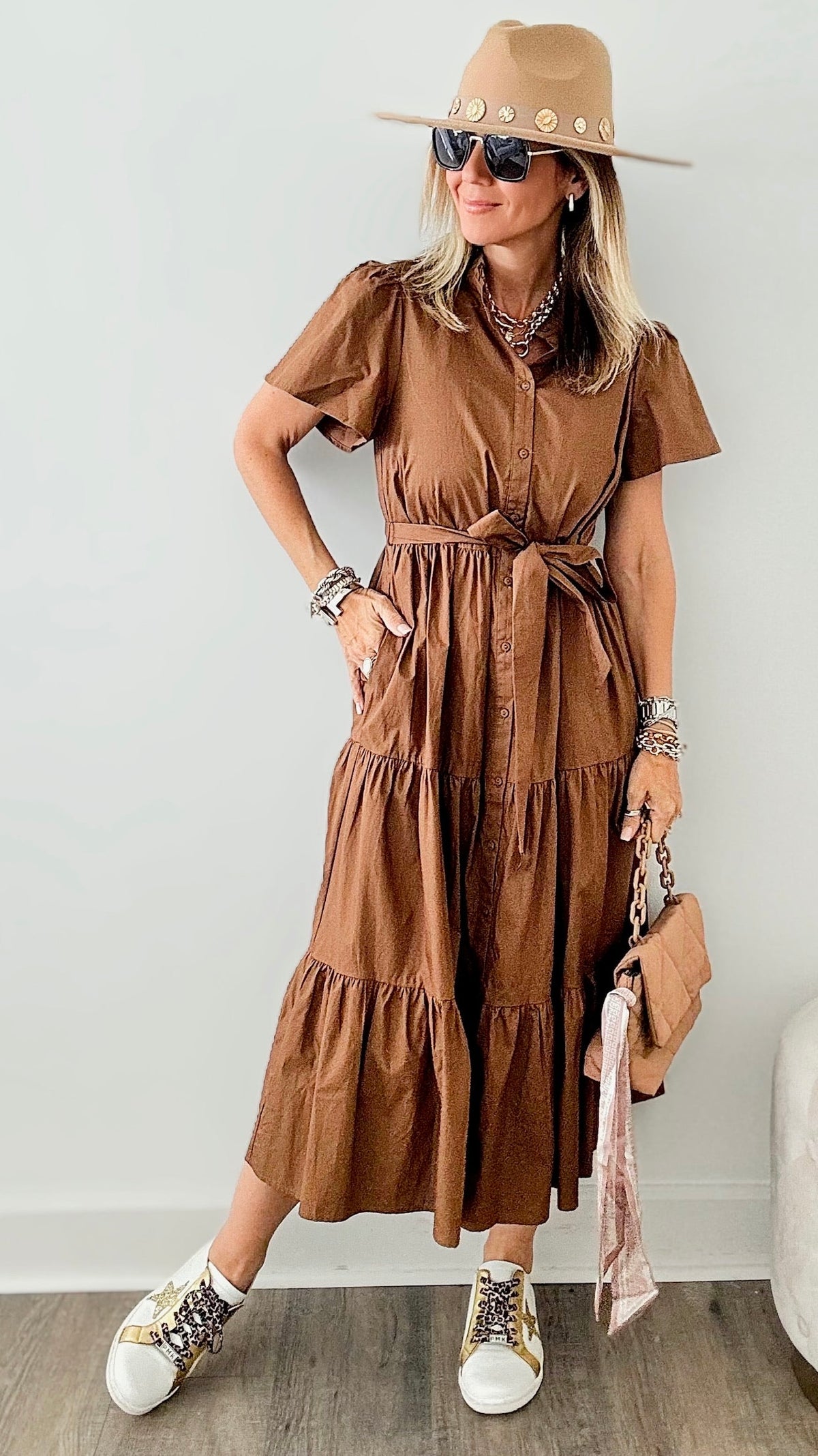 Tier I Come Poplin Button Front Tiered Dress - Mocha-200 dresses/jumpsuits/rompers-SUGARLIPS-Coastal Bloom Boutique, find the trendiest versions of the popular styles and looks Located in Indialantic, FL