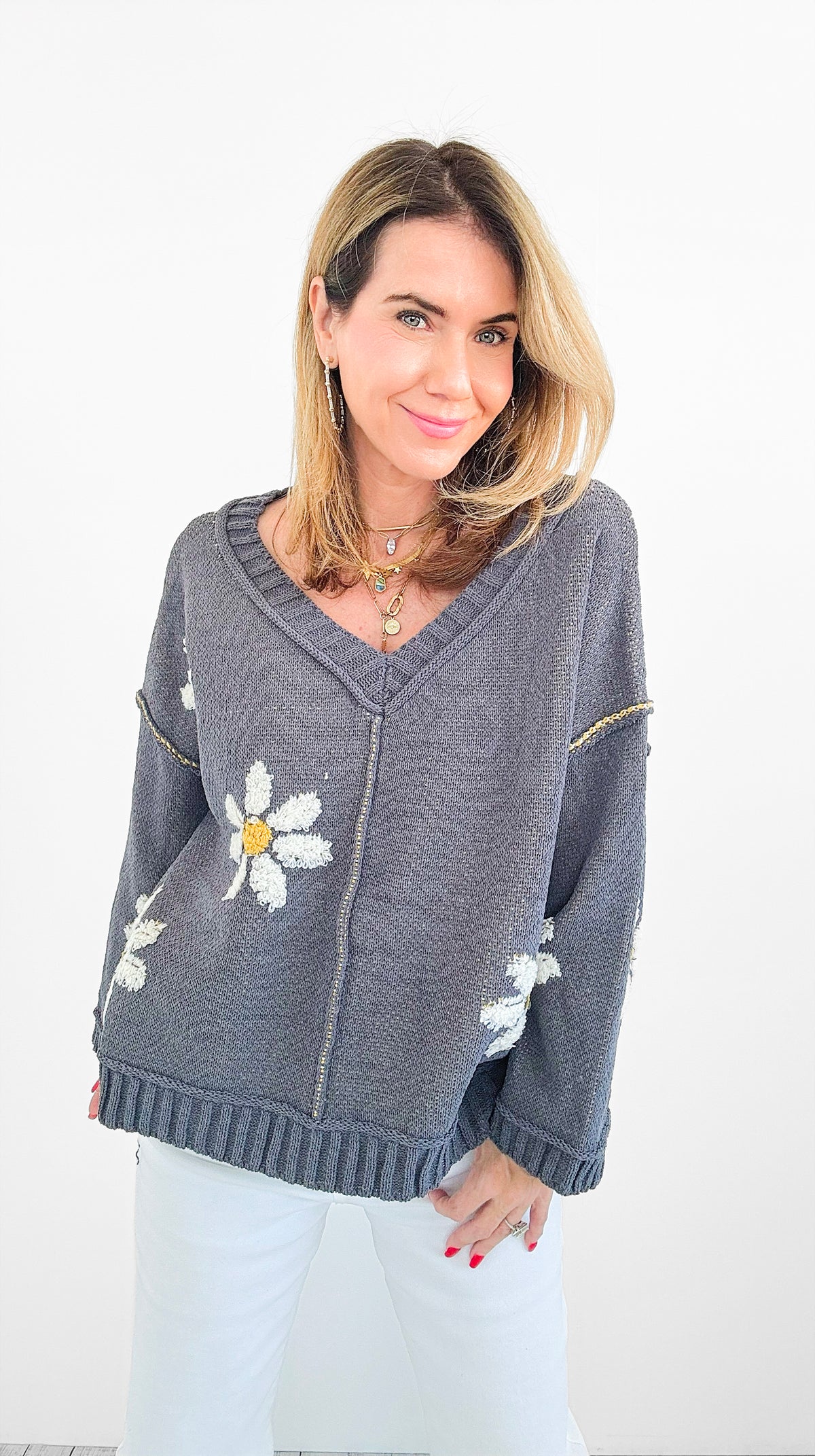 Daisy V-Neck Sweater-140 Sweaters-MIRACLE-Coastal Bloom Boutique, find the trendiest versions of the popular styles and looks Located in Indialantic, FL