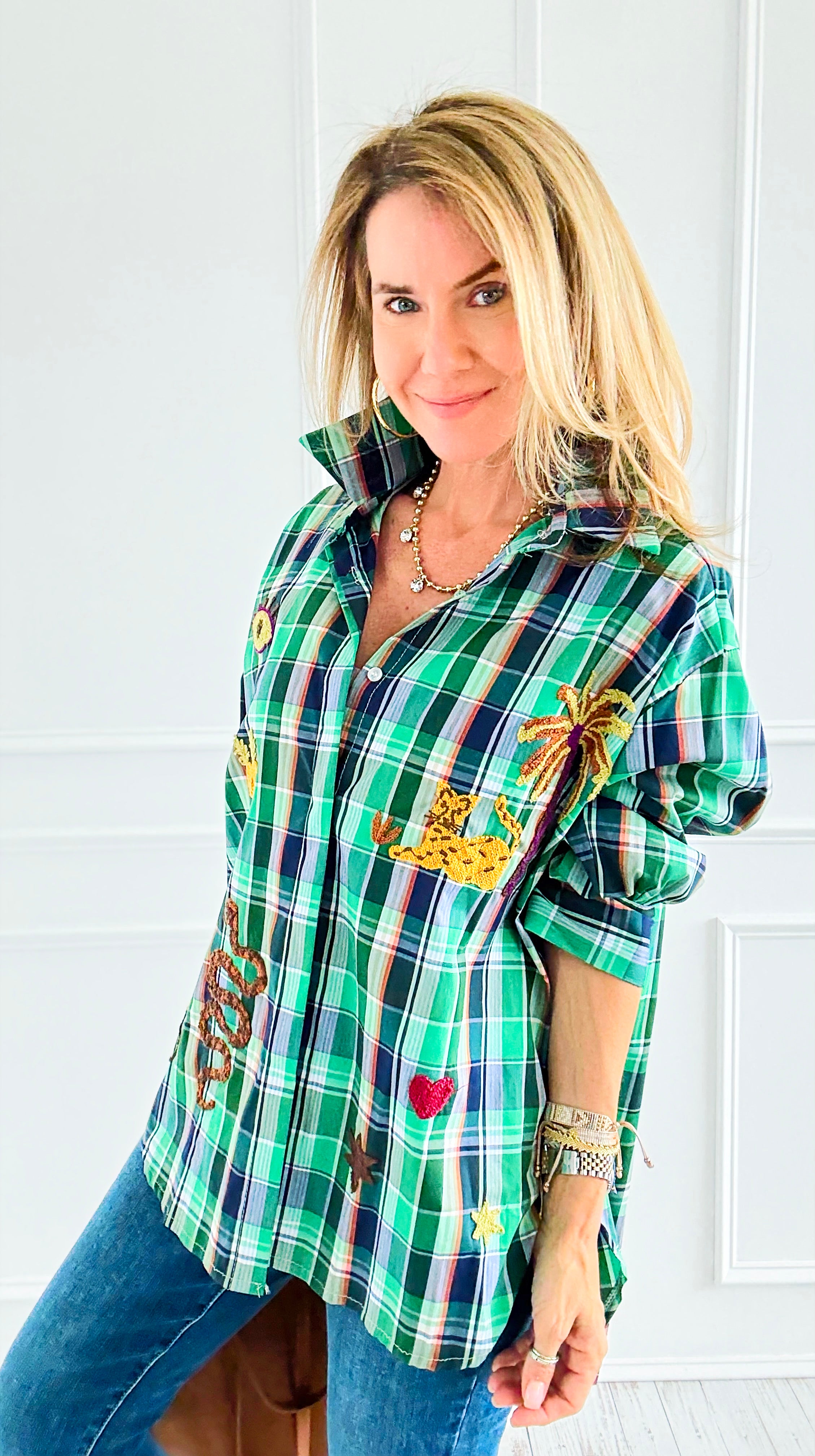 Desert Mirage Plaid Italian Blouse-Green-110 Long Sleeve Tops-TATTOO Z-Coastal Bloom Boutique, find the trendiest versions of the popular styles and looks Located in Indialantic, FL