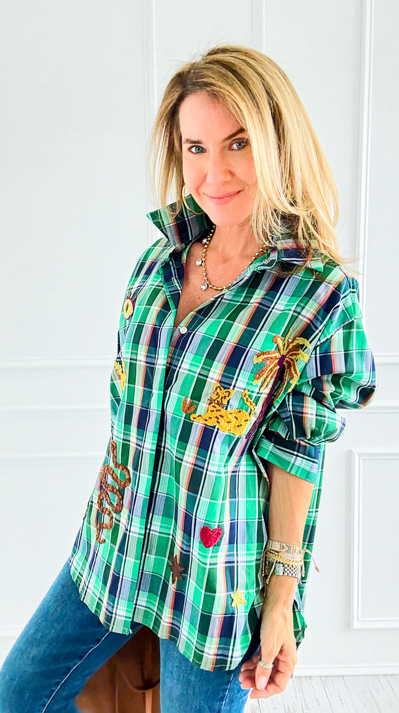 Desert Mirage Plaid Italian Blouse-Green-110 Long Sleeve Tops-TATTOO Z-Coastal Bloom Boutique, find the trendiest versions of the popular styles and looks Located in Indialantic, FL