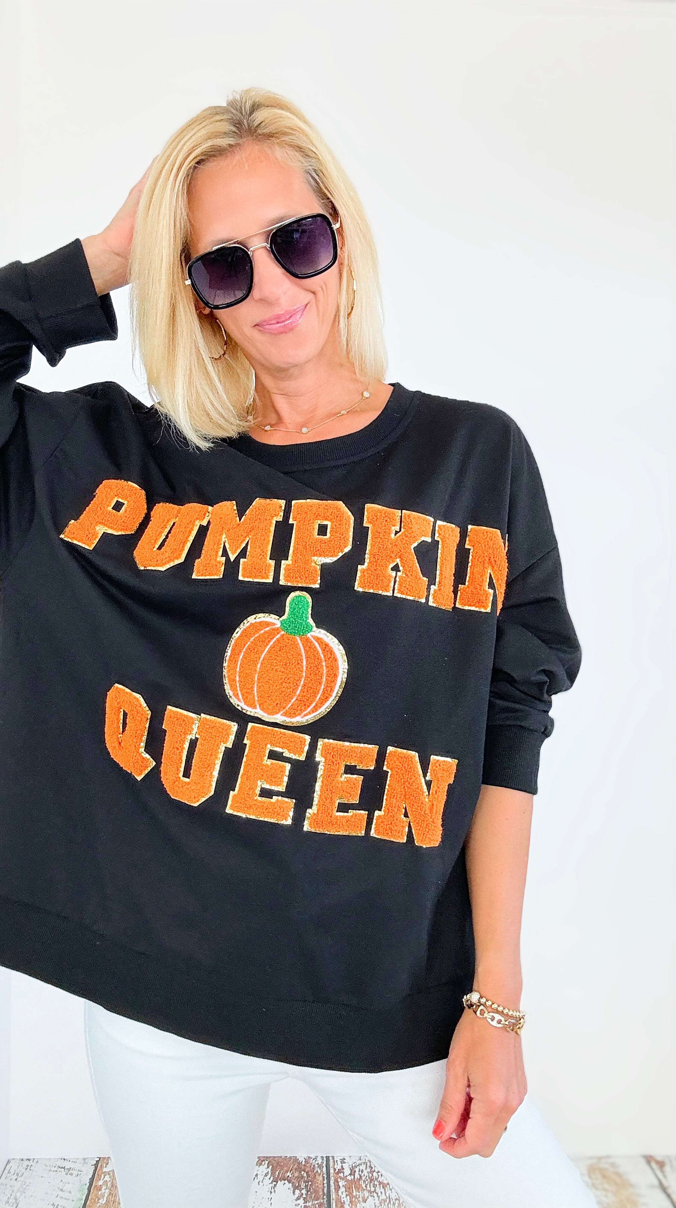 Varsity Pumpkin Queen Sweatshirt-130 Long Sleeve Tops-BIBI-Coastal Bloom Boutique, find the trendiest versions of the popular styles and looks Located in Indialantic, FL