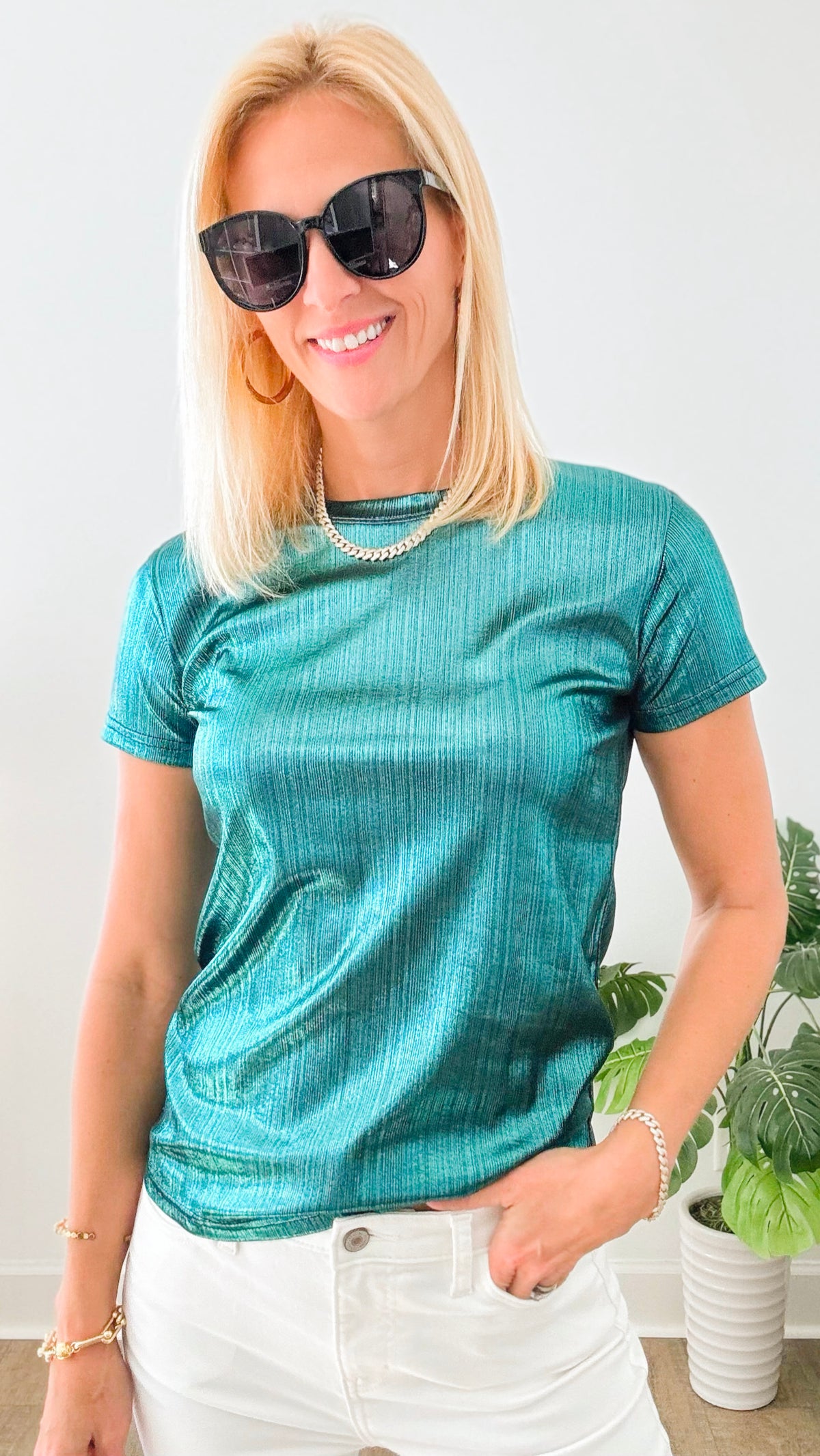 Shiny Short Sleeve T-Shirt - Emerald-110 Short Sleeve Tops-TABA-Coastal Bloom Boutique, find the trendiest versions of the popular styles and looks Located in Indialantic, FL