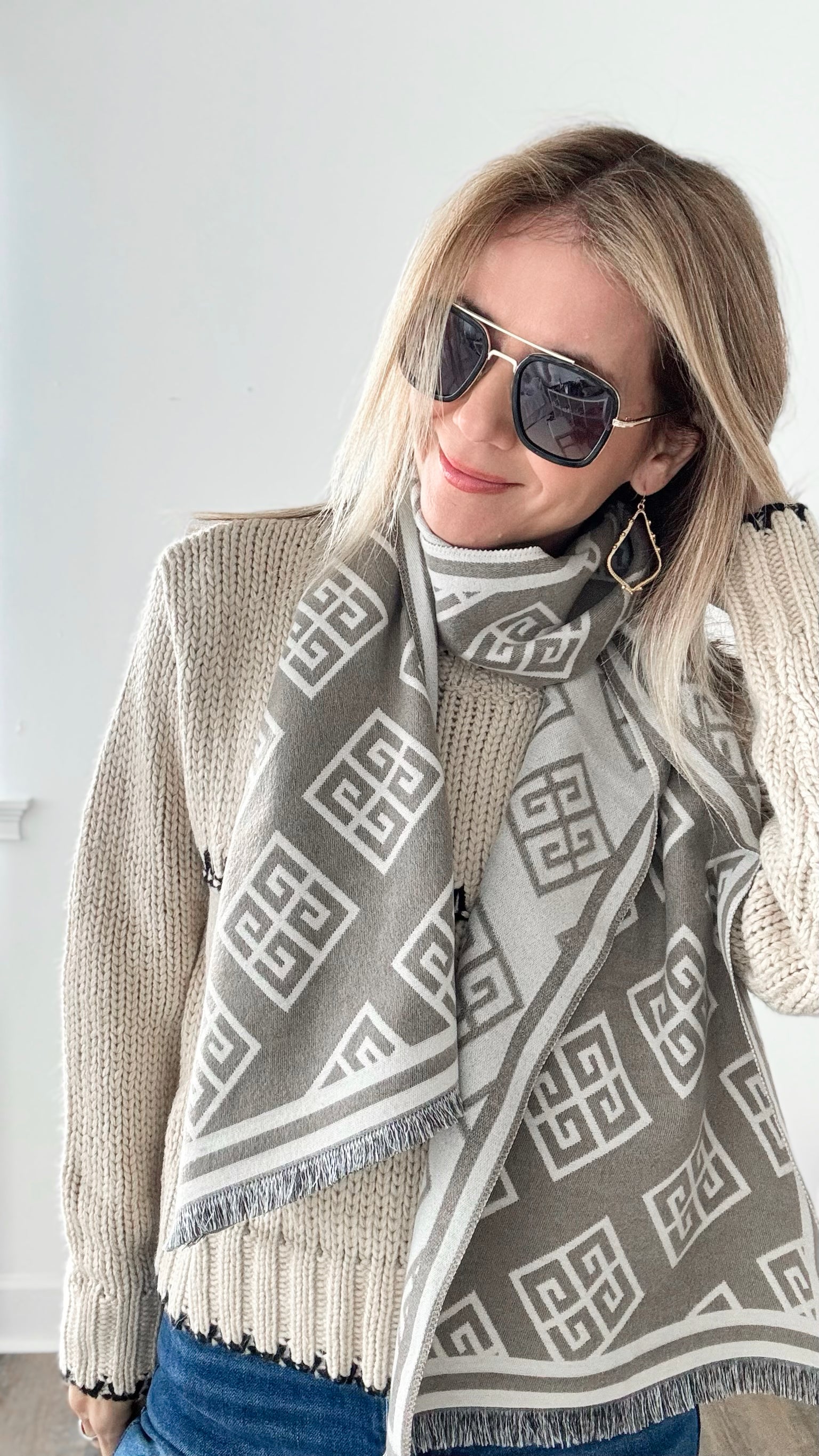 Greek Pattern Scarf - Beige-260 Other Accessories-ICCO ACCESSORIES-Coastal Bloom Boutique, find the trendiest versions of the popular styles and looks Located in Indialantic, FL