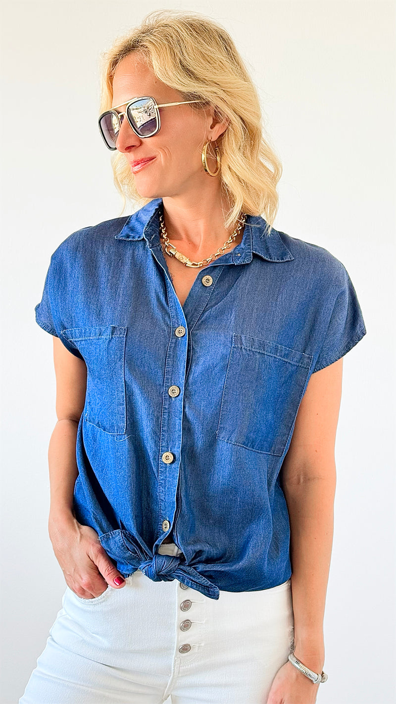 Tie-Front Denim Top-110 Short Sleeve Tops-VENTI6 OUTLET-Coastal Bloom Boutique, find the trendiest versions of the popular styles and looks Located in Indialantic, FL