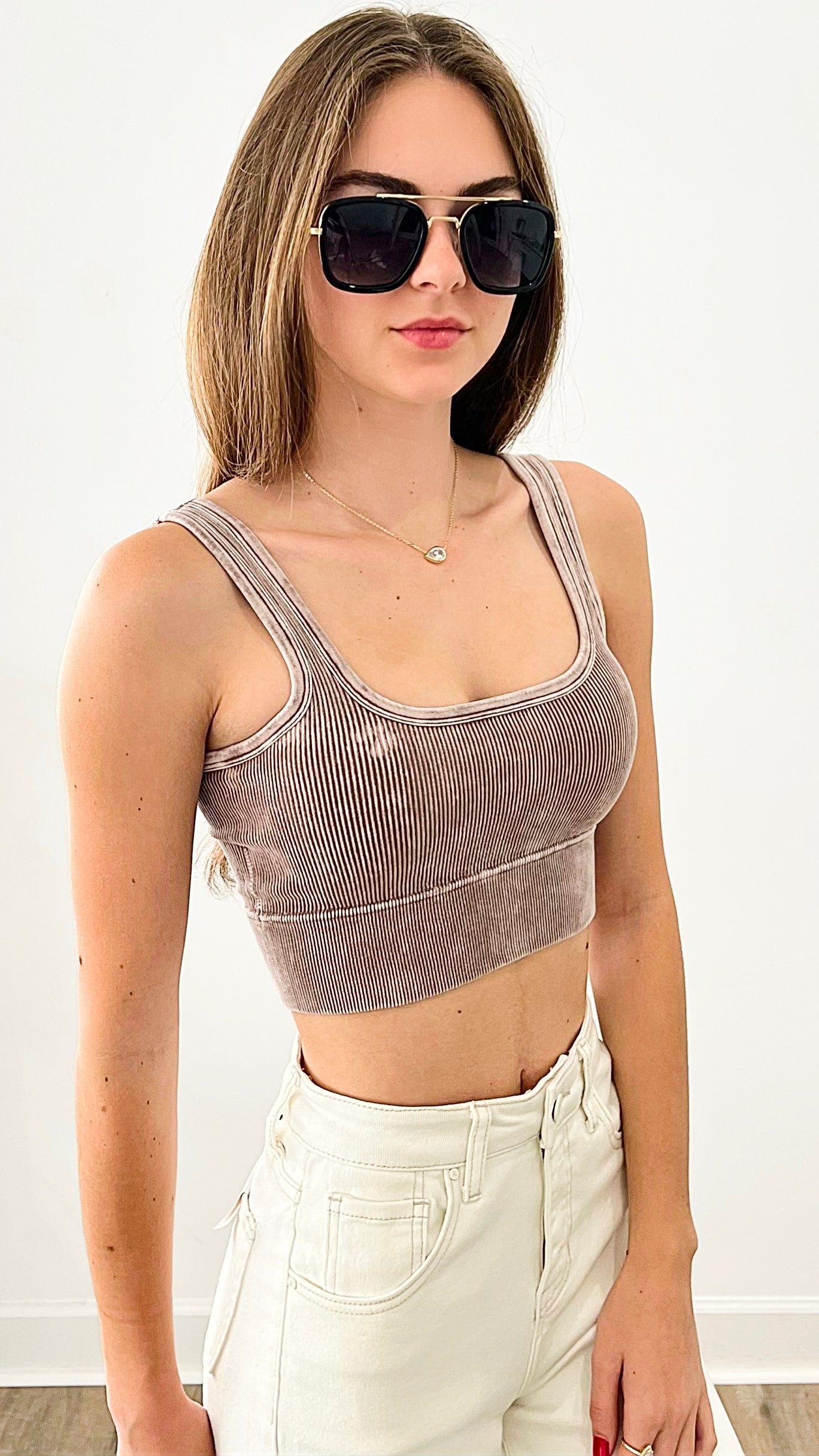 Washed Ribbed Square Neck Cropped With Bra Pads - Mocha-220 Intimates-Zenana-Coastal Bloom Boutique, find the trendiest versions of the popular styles and looks Located in Indialantic, FL