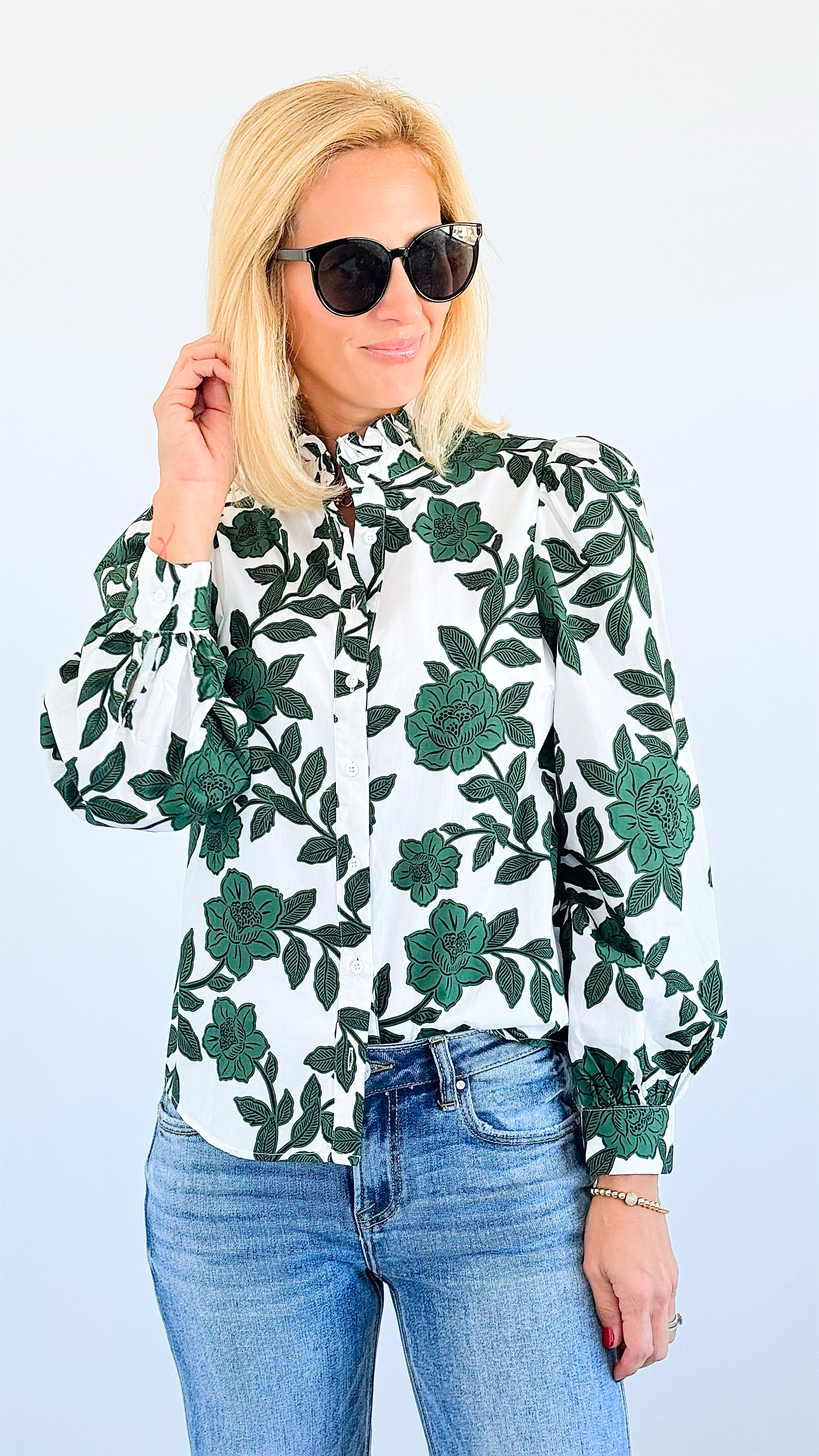 Botanical Chic Ruffle Blouse-130 Long Sleeve Tops-SUGARLIPS-Coastal Bloom Boutique, find the trendiest versions of the popular styles and looks Located in Indialantic, FL