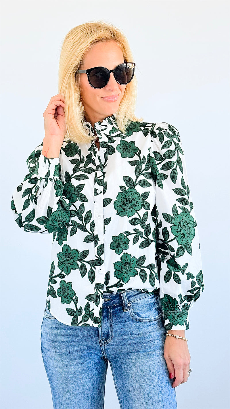 Botanical Chic Ruffle Blouse-130 Long Sleeve Tops-SUGARLIPS-Coastal Bloom Boutique, find the trendiest versions of the popular styles and looks Located in Indialantic, FL