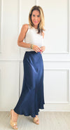 Brooklyn Italian Satin Midi Skirt - Navy-170 Bottoms-Italianissimo-Coastal Bloom Boutique, find the trendiest versions of the popular styles and looks Located in Indialantic, FL