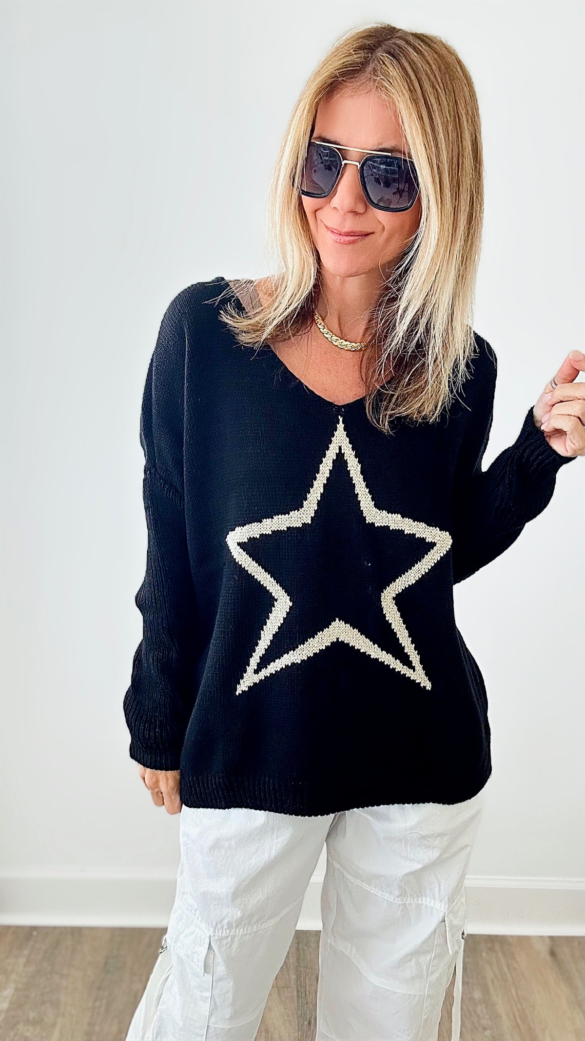 Starry Night Italian Sweater - Black-130 Long sleeve top-VENTI6 OUTLET-Coastal Bloom Boutique, find the trendiest versions of the popular styles and looks Located in Indialantic, FL