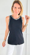 Metallic Foil Detailed Ribbed Italian Tank- Silver/Black-100 Sleeveless Tops-Italianissimo-Coastal Bloom Boutique, find the trendiest versions of the popular styles and looks Located in Indialantic, FL