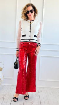 Boujie Holiday Sequin Flare Pants - Red-100 Pants-SO ME-Coastal Bloom Boutique, find the trendiest versions of the popular styles and looks Located in Indialantic, FL