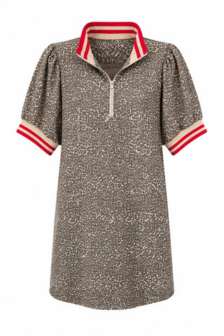 Leopard Print Zip Neck Dress - Red